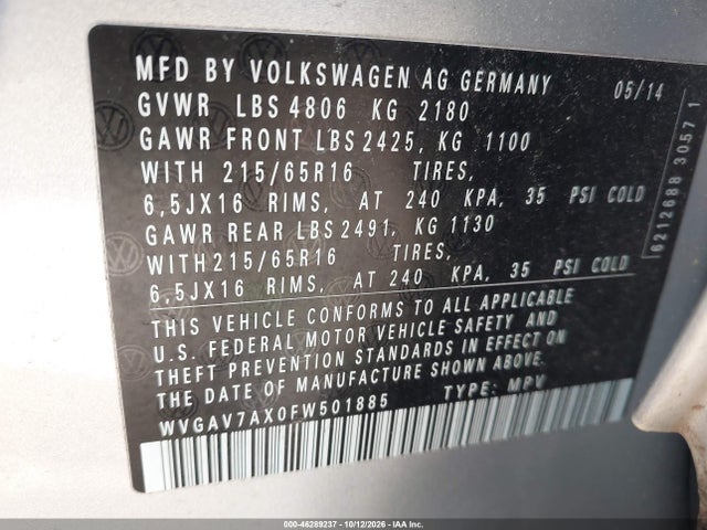 2015 Volkswagen Tiguan S მანქანა იყიდება აუქციონზე, vin: WVGAV7AX0FW501885, აუქციონის ნომერი: 46289237