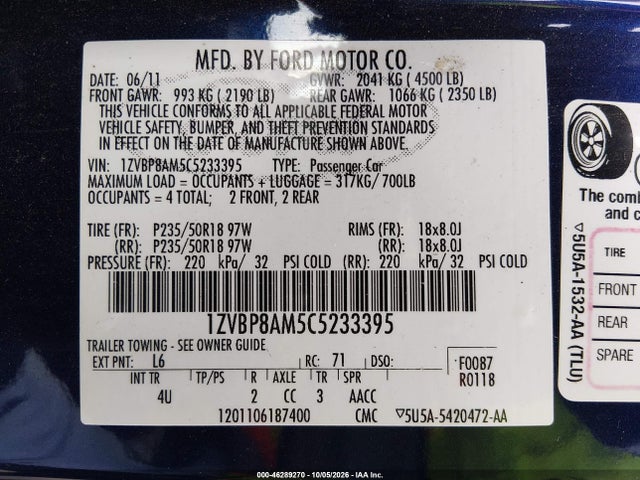 46289270 :رقم المزاد ، 1ZVBP8AM5C5233395 vin ، 2012 Ford Mustang V6 Premium مزاد بيع