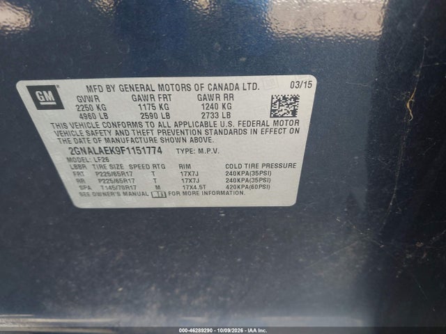 Продаж на аукціоні авто 2015 Chevrolet Equinox Ls, vin: 2GNALAEK9F1151774, номер лоту: 46289290