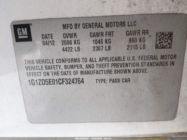 Aukcja sprzedaży 2012 Chevrolet Malibu 2lt, vin: 1G1ZD5E01CF324764, numer aukcji: 46289297