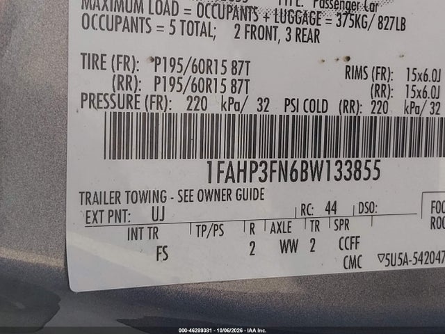 Aukcja sprzedaży 2011 Ford Focus Se, vin: 1FAHP3FN6BW133855, numer aukcji: 46289381