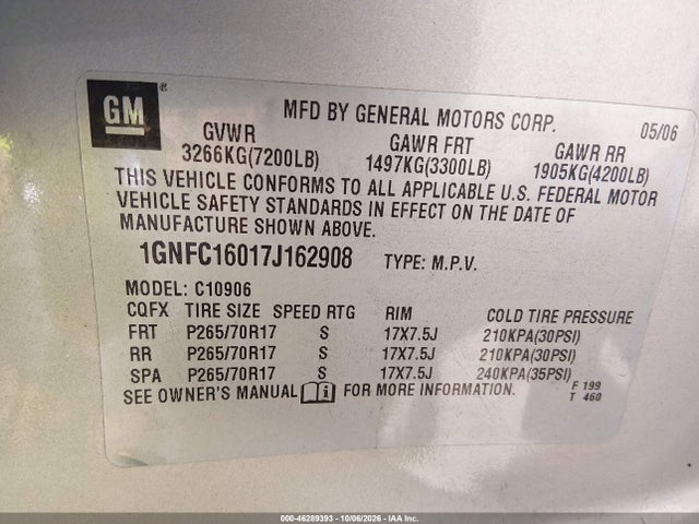 Aukcja sprzedaży 2007 Chevrolet Suburban 1500 Lt, vin: 1GNFC16017J162908, numer aukcji: 46289393