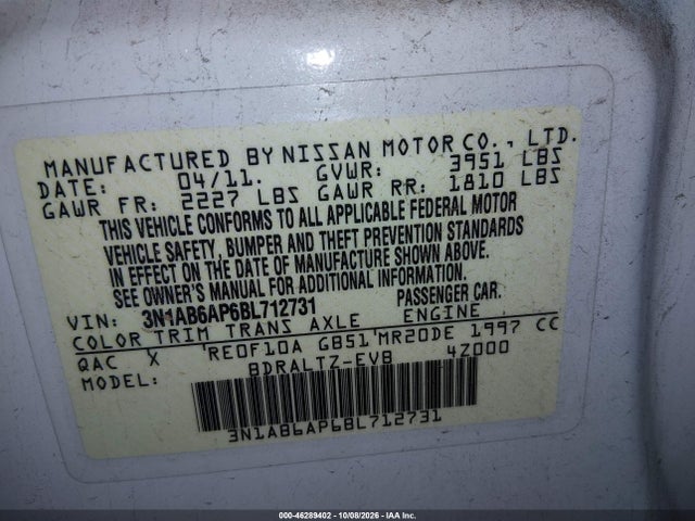 Aukcja sprzedaży 2011 Nissan Sentra 2.0s, vin: 3N1AB6AP6BL712731, numer aukcji: 46289402