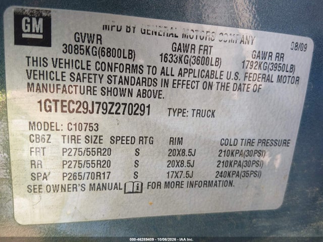 Aukcja sprzedaży 2009 Gmc Sierra 1500 Sle, vin: 1GTEC29J79Z270291, numer aukcji: 46289409