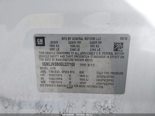 46289445 :رقم المزاد ، 3GNCJNSB0GL227165 vin ، 2016 Chevrolet Trax 1ls مزاد بيع