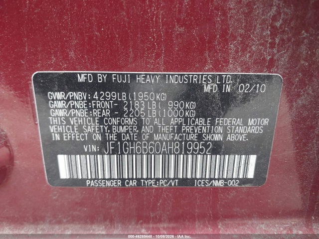 Продаж на аукціоні авто 2010 Subaru Impreza 2.5i Premium, vin: JF1GH6B60AH819952, номер лоту: 46289448