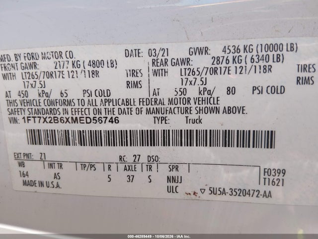 Продажа на аукционе авто 2021 Ford F-250 Xl, vin: 1FT7X2B6XMED56746, номер лота: 46289449