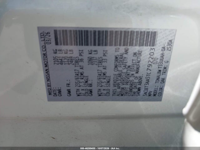 2026 Nissan Rogue S მანქანა იყიდება აუქციონზე, vin: 5N1BT3AA5TC792203, აუქციონის ნომერი: 46289455