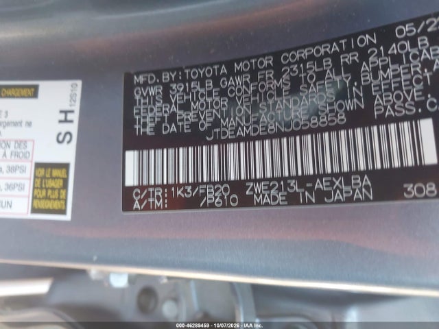 JTDEAMDE8NJ058858 Toyota Corolla Hybrid Le