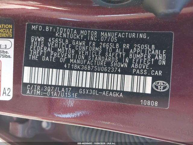 2005 Toyota Avalon Xls მანქანა იყიდება აუქციონზე, vin: 4T1BK36B75U062374, აუქციონის ნომერი: 46289492