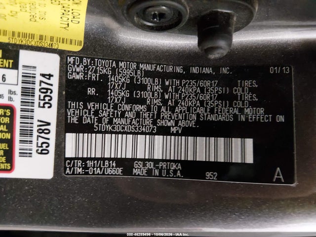 46289496 :رقم المزاد ، 5TDYK3DCXDS334073 vin ، 2013 Toyota Sienna Xle V6 8 Passenger مزاد بيع