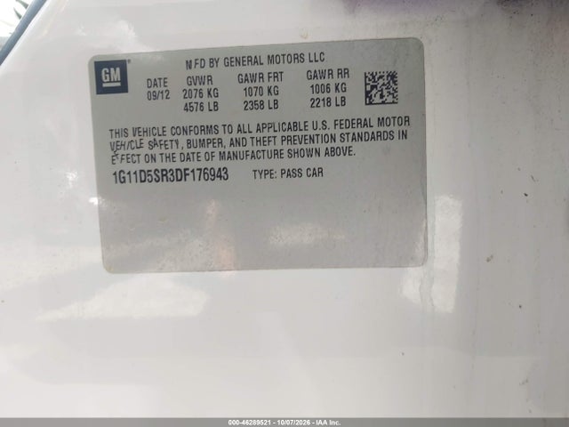 46289521 :رقم المزاد ، 1G11D5SR3DF176943 vin ، 2013 Chevrolet Malibu Eco مزاد بيع
