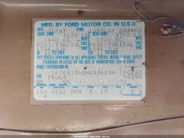 1987 Ford F150 მანქანა იყიდება აუქციონზე, vin: 1FTEX15N0HKA36234, აუქციონის ნომერი: 46289552