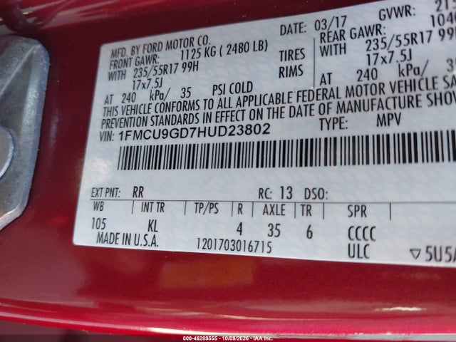 46289555 :رقم المزاد ، 1FMCU9GD7HUD23802 vin ، 2017 Ford Escape Se مزاد بيع