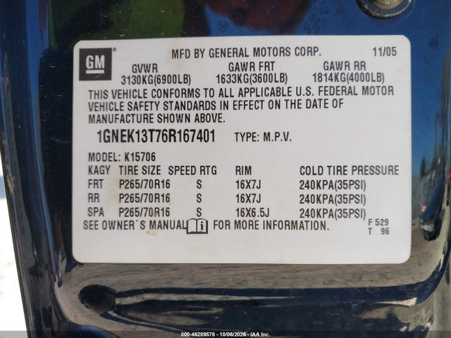 Продаж на аукціоні авто 2006 Chevrolet Tahoe Ls, vin: 1GNEK13T76R167401, номер лоту: 46289578