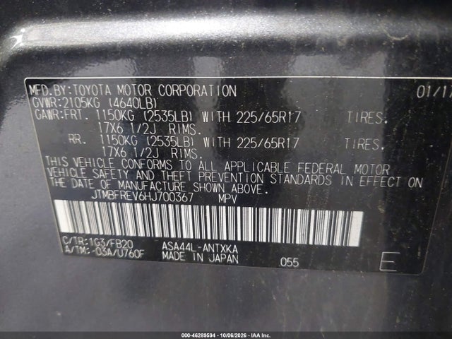 Aukcja sprzedaży 2017 Toyota Rav4 Le, vin: JTMBFREV6HJ700367, numer aukcji: 46289594