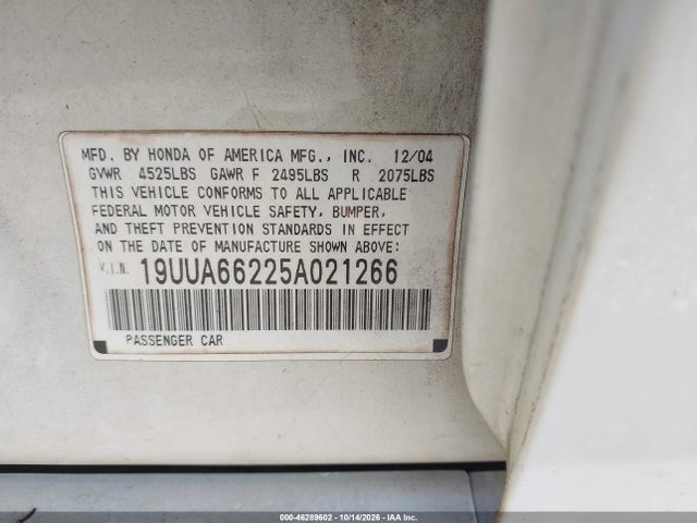 2005 Acura Tl მანქანა იყიდება აუქციონზე, vin: 19UUA66225A021266, აუქციონის ნომერი: 46289602