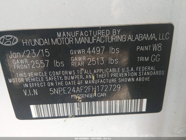 2015 Hyundai Sonata Se მანქანა იყიდება აუქციონზე, vin: 5NPE24AF2FH172729, აუქციონის ნომერი: 46289625