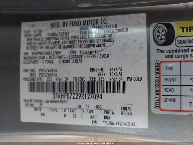 46289629 :رقم المزاد ، 3FAHP07Z29R127094 vin ، 2009 Ford Fusion Se مزاد بيع