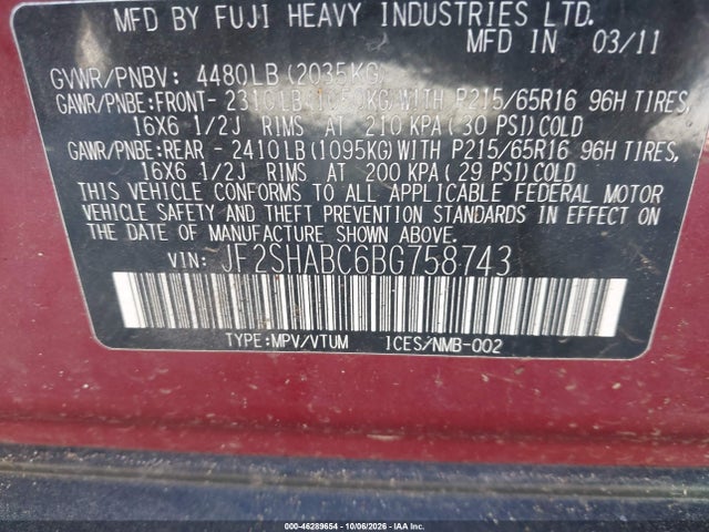 Aukcja sprzedaży 2011 Subaru Forester 2.5x, vin: JF2SHABC6BG758743, numer aukcji: 46289654