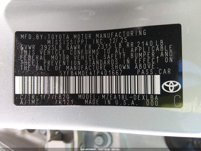 Aukcja sprzedaży 2026 Toyota Corolla Le, vin: 5YFB4MDE4TP401667, numer aukcji: 46289658