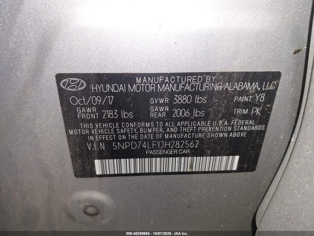 Aukcja sprzedaży 2018 Hyundai Elantra Se, vin: 5NPD74LF1JH282562, numer aukcji: 46289665