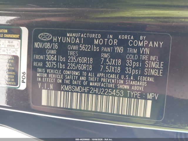 Aukcja sprzedaży 2017 Hyundai Santa Fe Se, vin: KM8SMDHF2HU225453, numer aukcji: 46289668