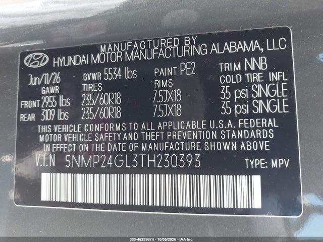 46289674 :رقم المزاد ، 5NMP24GL3TH230393 vin ، 2026 Hyundai Santa Fe Sel مزاد بيع