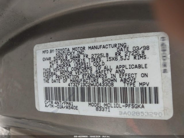 46289680 :رقم المزاد ، 4T3ZF13C2WU043308 vin ، 1998 Toyota Sienna Xle مزاد بيع