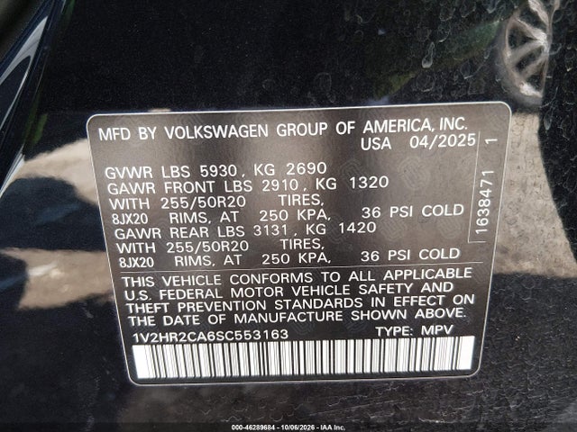 2025 Volkswagen Atlas 2.0t Se W/technology მანქანა იყიდება აუქციონზე, vin: 1V2HR2CA6SC553163, აუქციონის ნომერი: 46289684