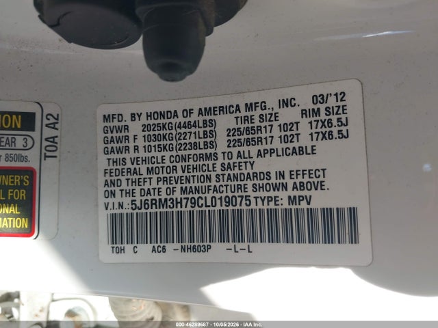 46289687 :رقم المزاد ، 5J6RM3H79CL019075 vin ، 2012 Honda Cr-v Ex-l مزاد بيع