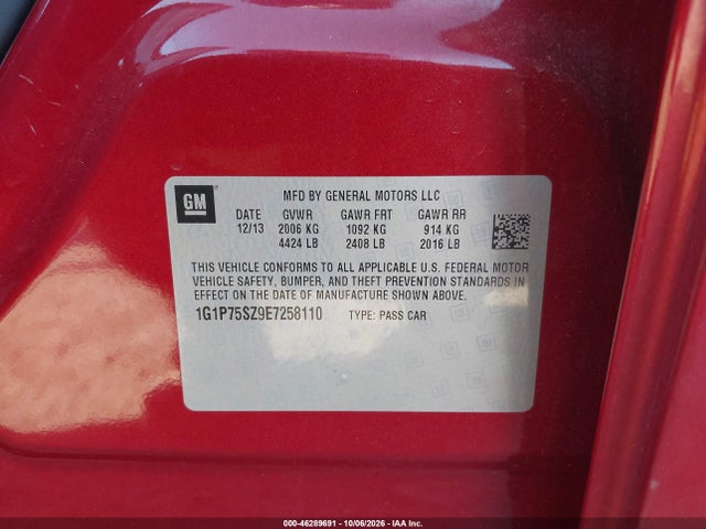 46289691 :رقم المزاد ، 1G1P75SZ9E7258110 vin ، 2014 Chevrolet Cruze Diesel مزاد بيع