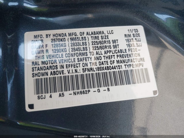 46289731 :رقم المزاد ، 5FNRL189X4B044151 vin ، 2004 Honda Odyssey Ex-l مزاد بيع