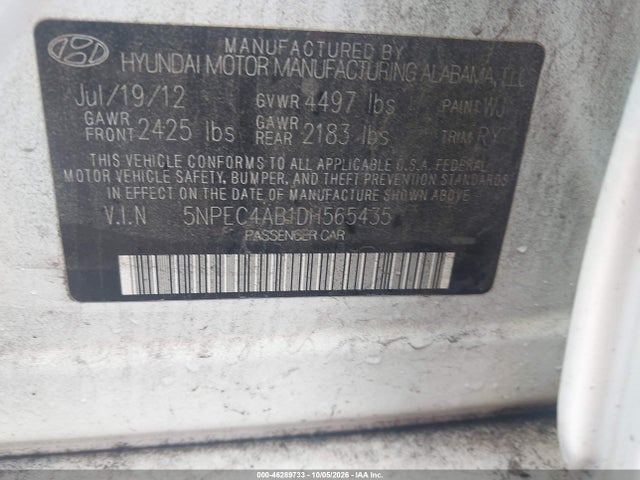 Aukcja sprzedaży 2013 Hyundai Sonata Limited 2.0t, vin: 5NPEC4AB1DH565435, numer aukcji: 46289733