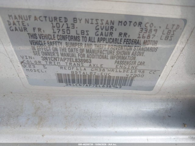 Продажа на аукционе авто 2014 Nissan Versa 1.6 Sv, vin: 3N1CN7AP7EL838963, номер лота: 46289739