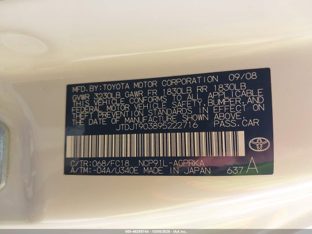 Aukcja sprzedaży 2009 Toyota Yaris, vin: JTDJT903895222716, numer aukcji: 46289744
