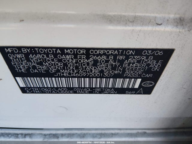 Продаж на аукціоні авто 2007 Lexus Es 350, vin: JTHBJ46G972001307, номер лоту: 46289754
