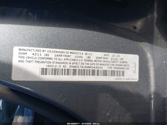 Продаж на аукціоні авто 2011 Volkswagen Jetta 2.5l Se, vin: 3VWDZ7AJ5BM343035, номер лоту: 46289771