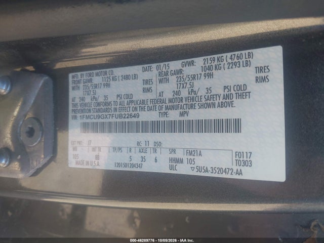 46289776 :رقم المزاد ، 1FMCU9GX7FUB22649 vin ، 2015 Ford Escape Se مزاد بيع