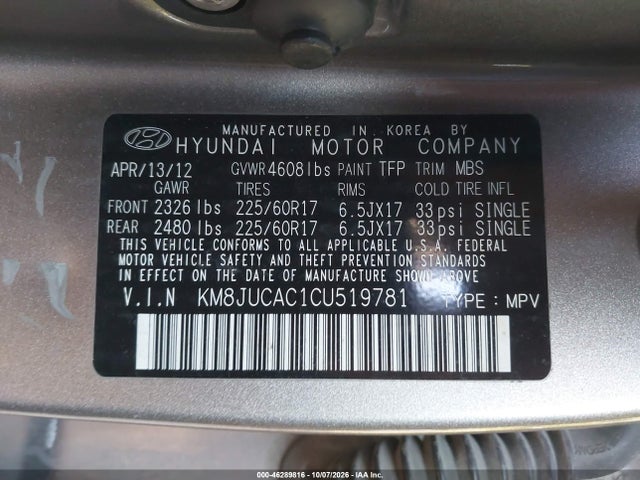 Продаж на аукціоні авто 2012 Hyundai Tucson Gls, vin: KM8JUCAC1CU519781, номер лоту: 46289816