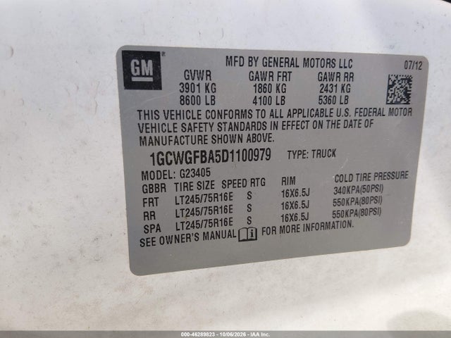 46289823 :رقم المزاد ، 1GCWGFBA5D1100979 vin ، 2013 Chevrolet Express 2500 Work Van مزاد بيع