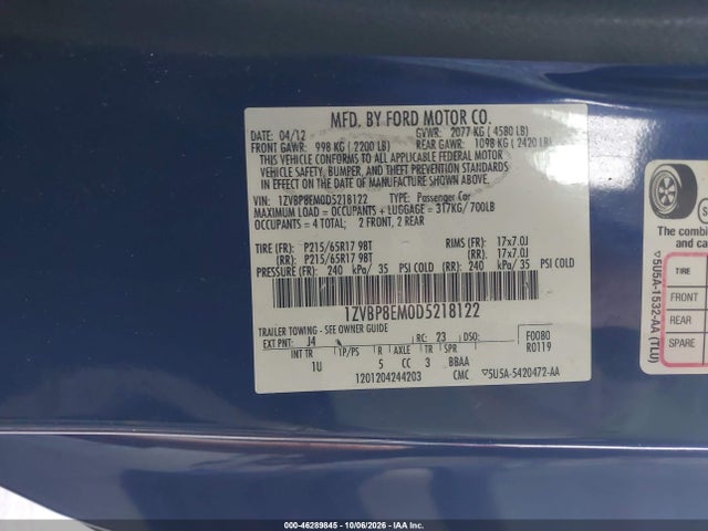 2013 Ford Mustang V6 მანქანა იყიდება აუქციონზე, vin: 1ZVBP8EM0D5218122, აუქციონის ნომერი: 46289845