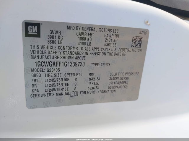46289847 :رقم المزاد ، 1GCWGAFF1G1339720 vin ، 2016 Chevrolet Express 2500 Work Van مزاد بيع