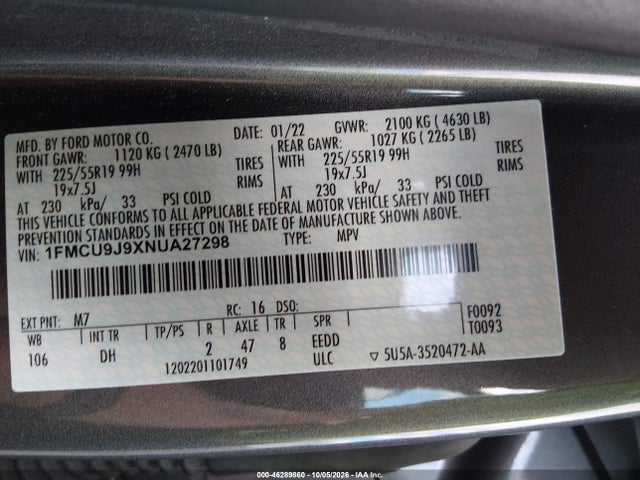 46289860 :رقم المزاد ، 1FMCU9J9XNUA27298 vin ، 2022 Ford Escape Titanium مزاد بيع