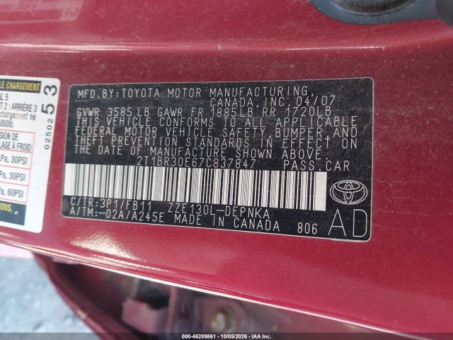 46289861 :رقم المزاد ، 2T1BR30E67C837847 vin ، 2007 Toyota Corolla Le مزاد بيع