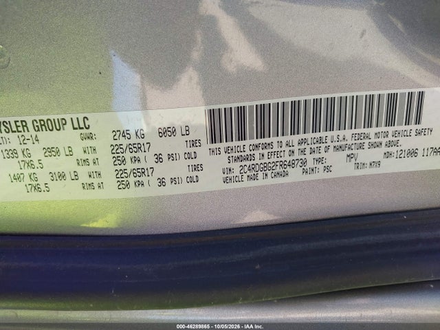2015 Dodge Grand Caravan Se მანქანა იყიდება აუქციონზე, vin: 2C4RDGBG2FR648730, აუქციონის ნომერი: 46289865