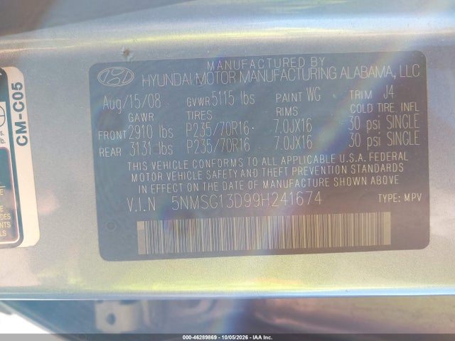 Aukcja sprzedaży 2009 Hyundai Santa Fe Gls, vin: 5NMSG13D99H241674, numer aukcji: 46289869