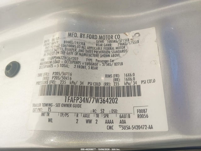 2007 Ford Focus S/se/ses მანქანა იყიდება აუქციონზე, vin: 1FAFP34N77W364202, აუქციონის ნომერი: 46289877