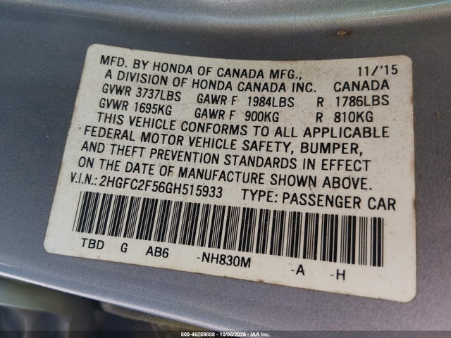 46289888 :رقم المزاد ، 2HGFC2F56GH515933 vin ، 2016 Honda Civic Lx مزاد بيع