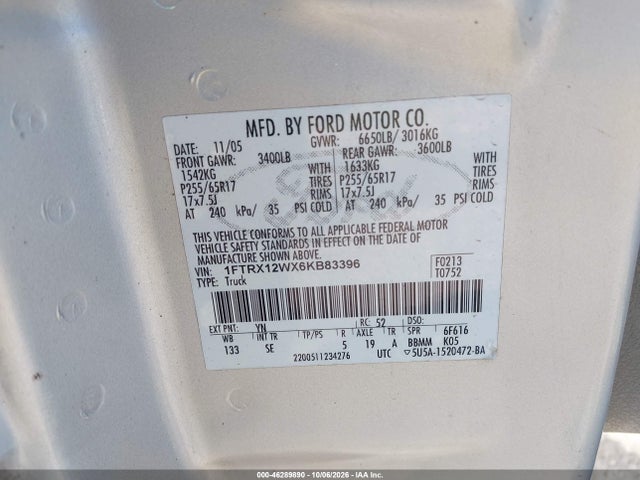 46289890 :رقم المزاد ، 1FTRX12WX6KB83396 vin ، 2006 Ford F-150 Stx/xl/xlt مزاد بيع